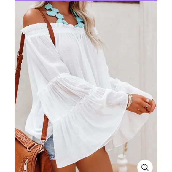 Chic white boho flowy off the shoulder tiered bell sleeve tunic top - Picture 5 of 8